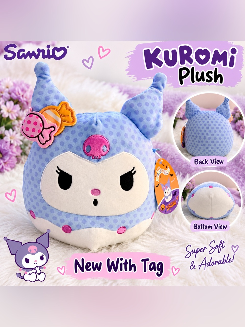 Sanrio Kuromi Lavender Polka Dot Plush Cat squishmallow